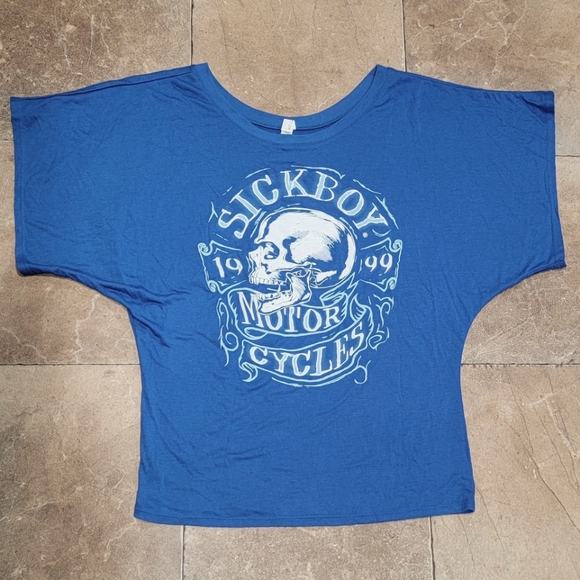 Sickboy Motorcycles Tops - Sickboy Motorcycles Blue Skull Graphic Off Shoulder Moto Tee Women's Size Large